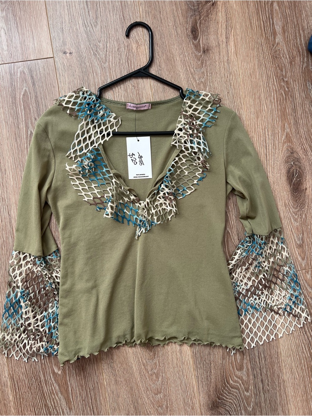 vintage green v neck fishnet style top